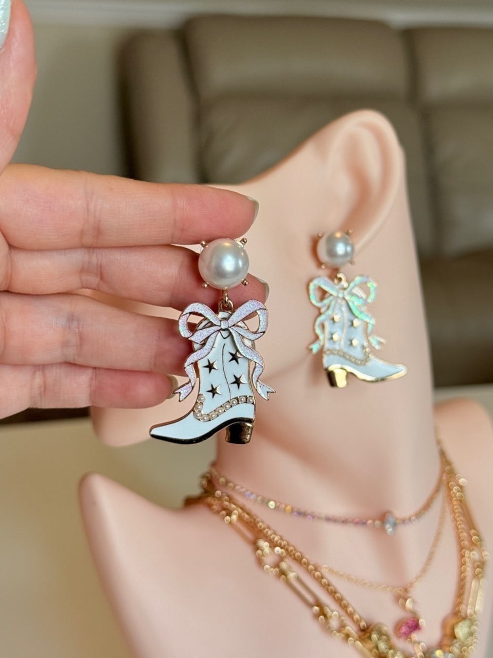 Pearl Top Blue Cowboy Boot Drop Earrings - Women Jewelry - Picture 8 of 13